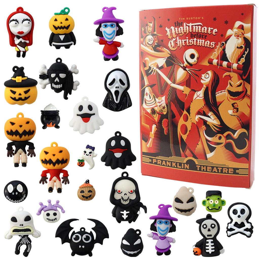 Adventní kalendář pro panenky Halloween obsahuje 24 dárků, adventní kalendář s hororovými postavami Halloween, odpočítávací kalendář Halloween s hračkami s překvapením