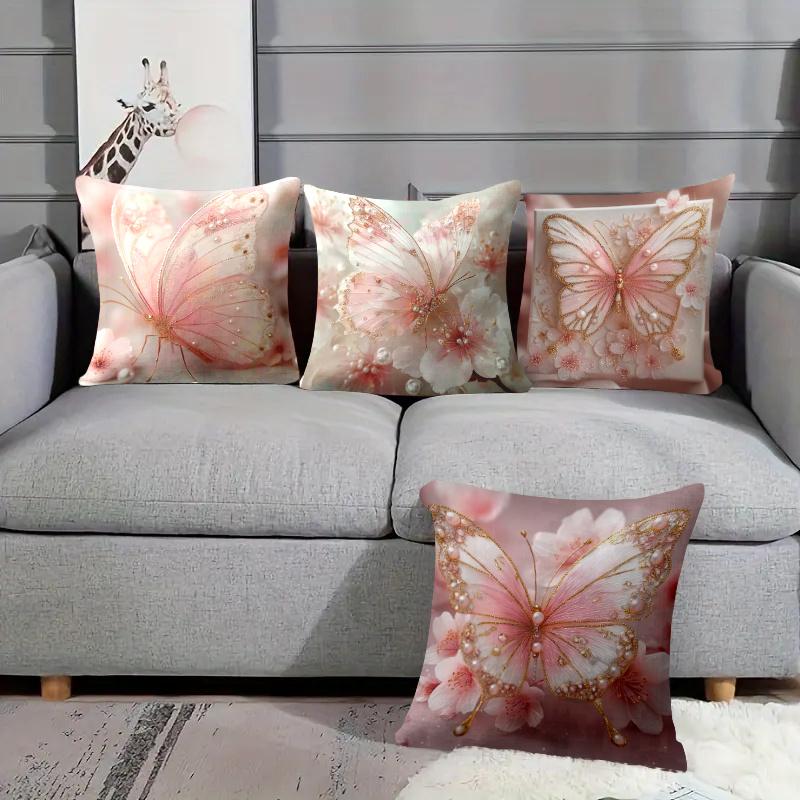 4Pcs Pink Butterfly Cushion Cover Cherry Blossom Flower Pearl Printed Pillow Case Polyester Home Decor Sofa Living Room 2D Flat