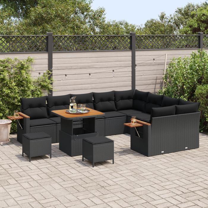 Ensemble de canapé de jardin 12 pièces vidaXL avec coussins Noir Poly Rattan Acacia, Ensemble de salle à manger de jardin 3 3365159