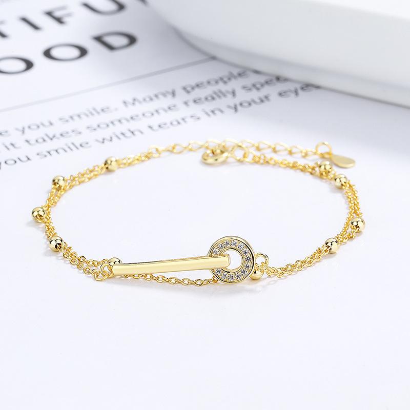 S925 Silver Double Satellite Bead Chain Toggle Bracelet Micro Pave CZ Circle OT Clasp Dainty Two Layer Wrist Chain Women Minimalist Daily Jewelry
