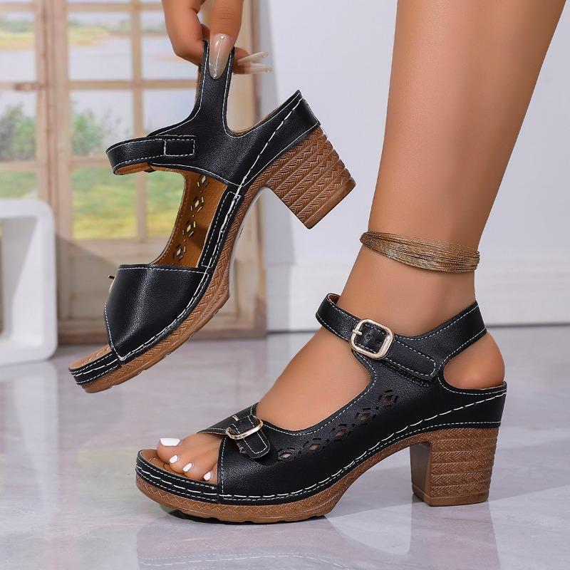 

Fashion Strap Sandals Summer New Round Toe Open Toe Metal Buckle Platform Non-slip High Heels 36 чёрный