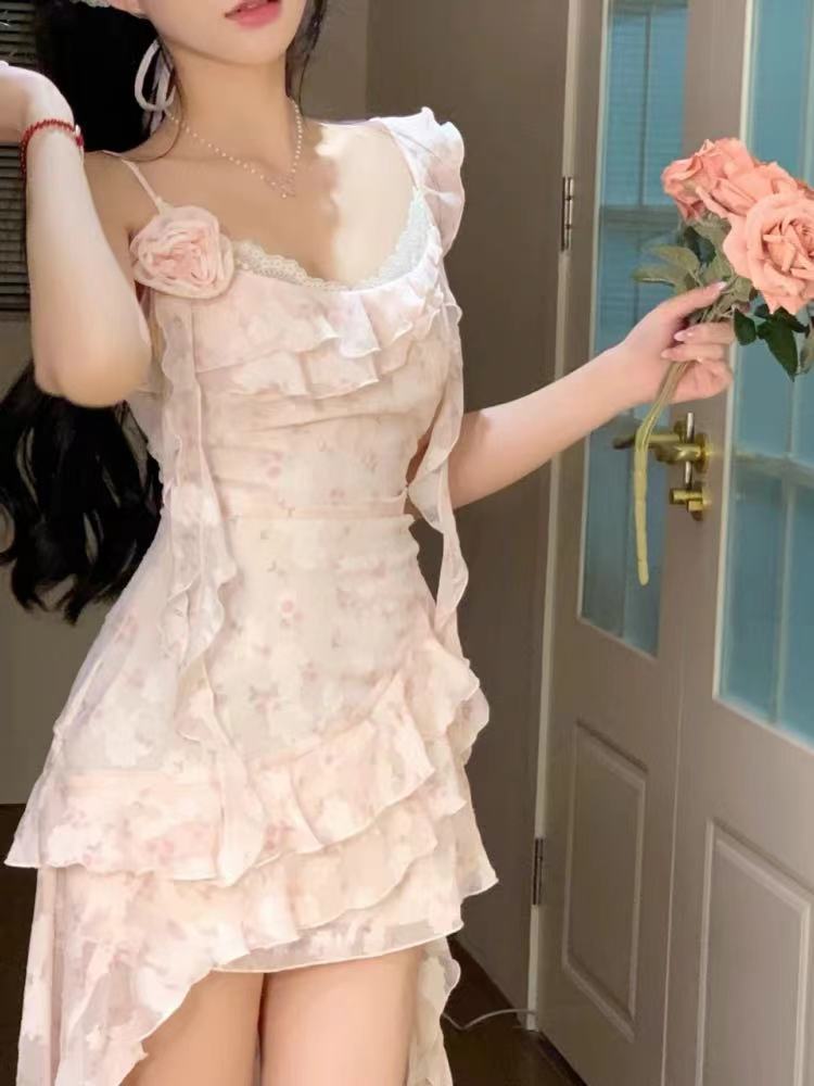 Pure desire sweet short skirt spring and summer waist thin design sense lace splicing irregular floral suspender dress women