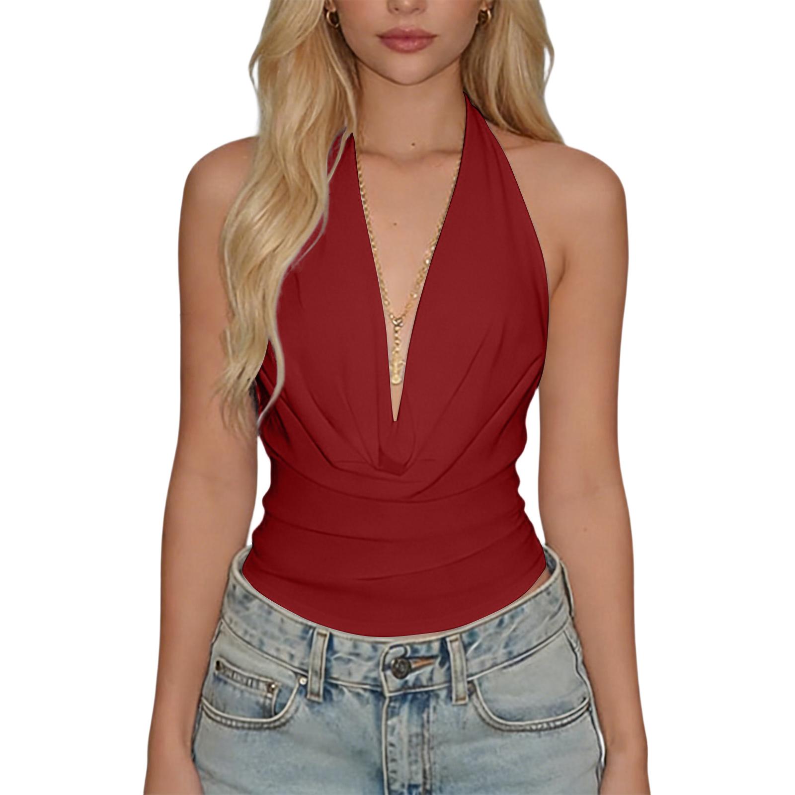 

Women’s Sleeveless Neck Backless Drape Front Fitted Tank Top Casual Summer Lightweight Blouse Shirt M червоний