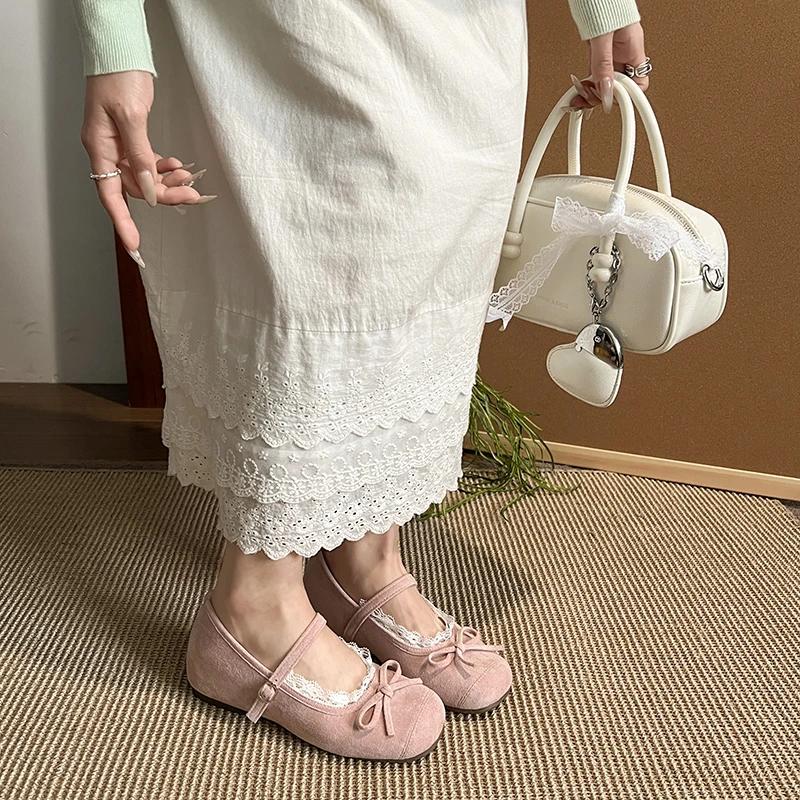 2025 Women's Fashion Single Shoes Spring New Round Head Shallow Mouth Bow Lace Metal Buckle Soft Sole Non-slip Flat Shoes