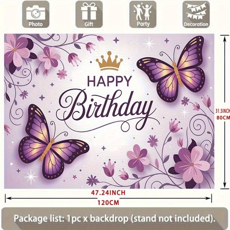 Purple Butterfly Birthday Banner, Golden Accent Backdrop Wall Decor for Party