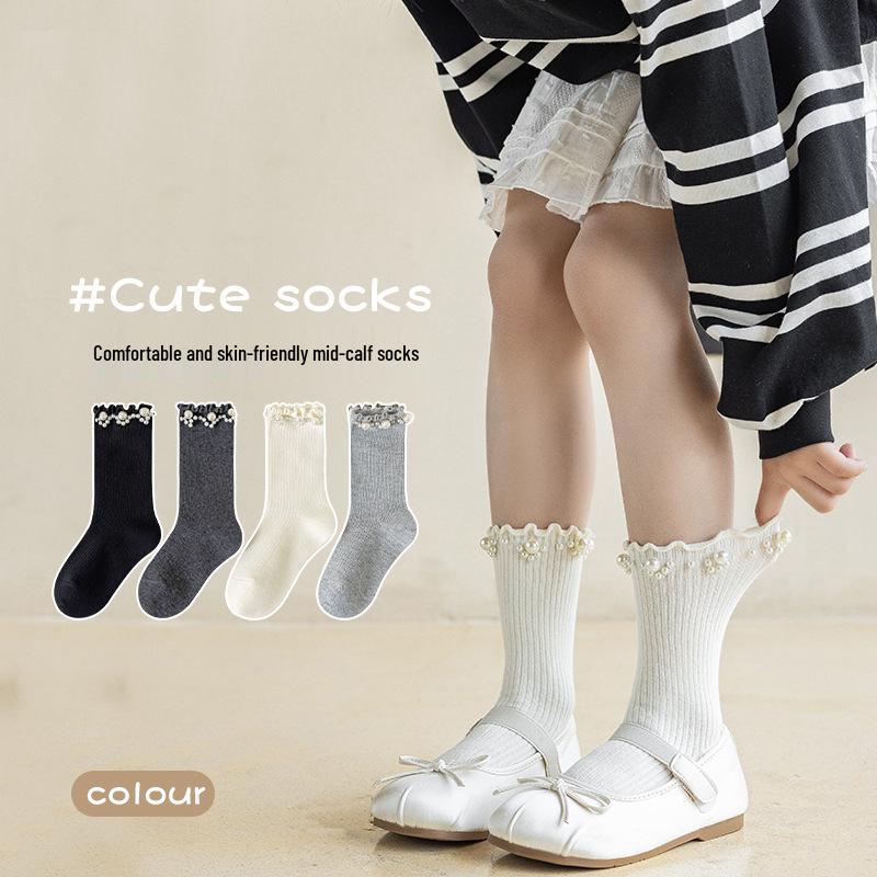Children's Lace Pearl Mid-Calf Princess Socks - Spring/Autumn Retro Solid Color for Girls