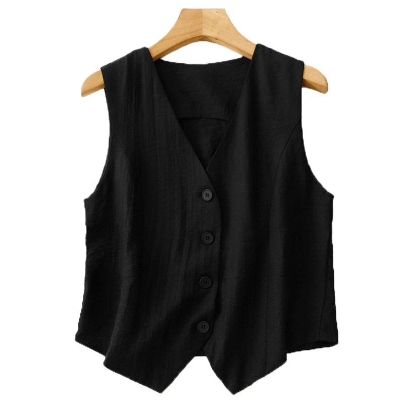 Women's Summer V-Neck Linen Vest - Solid Color, Sleeveless, Slim Fit Tank Top