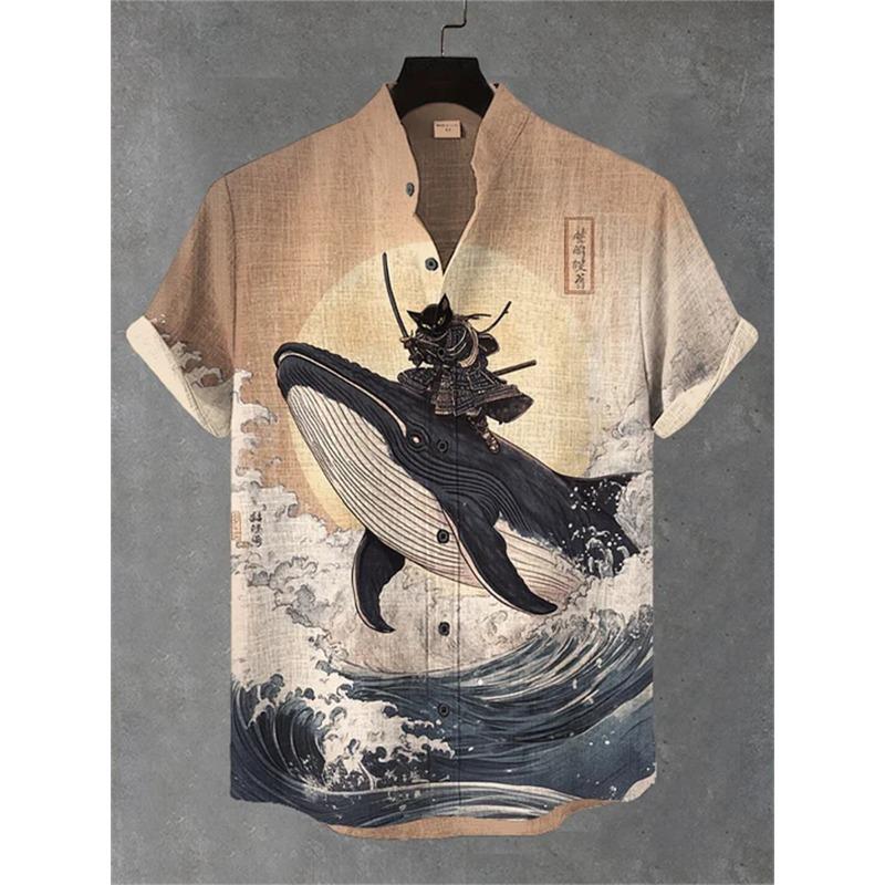 Men's short-sleeved shirt with a fun cat print, stand-up collar, single-breasted casual style. Hawaiian shirt, men's unique top.