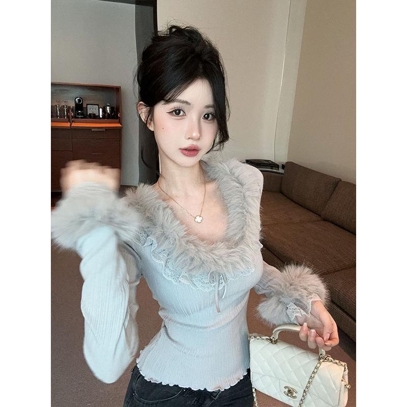 Slim-Fit Women's Top: Niche Solid Color, Fur Collar, Lace Splicing, Autumn/Winter New Arrival.