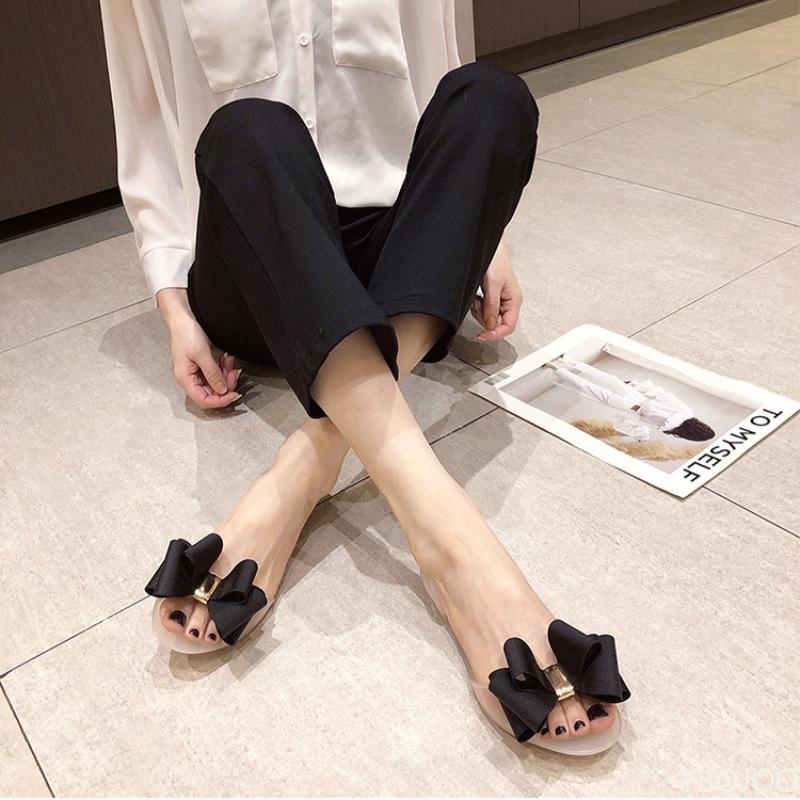 Fashion Lightweight open toed flat shoes for women's casual jelly bow transparent casual anti slip summer fashionable versatile sandals