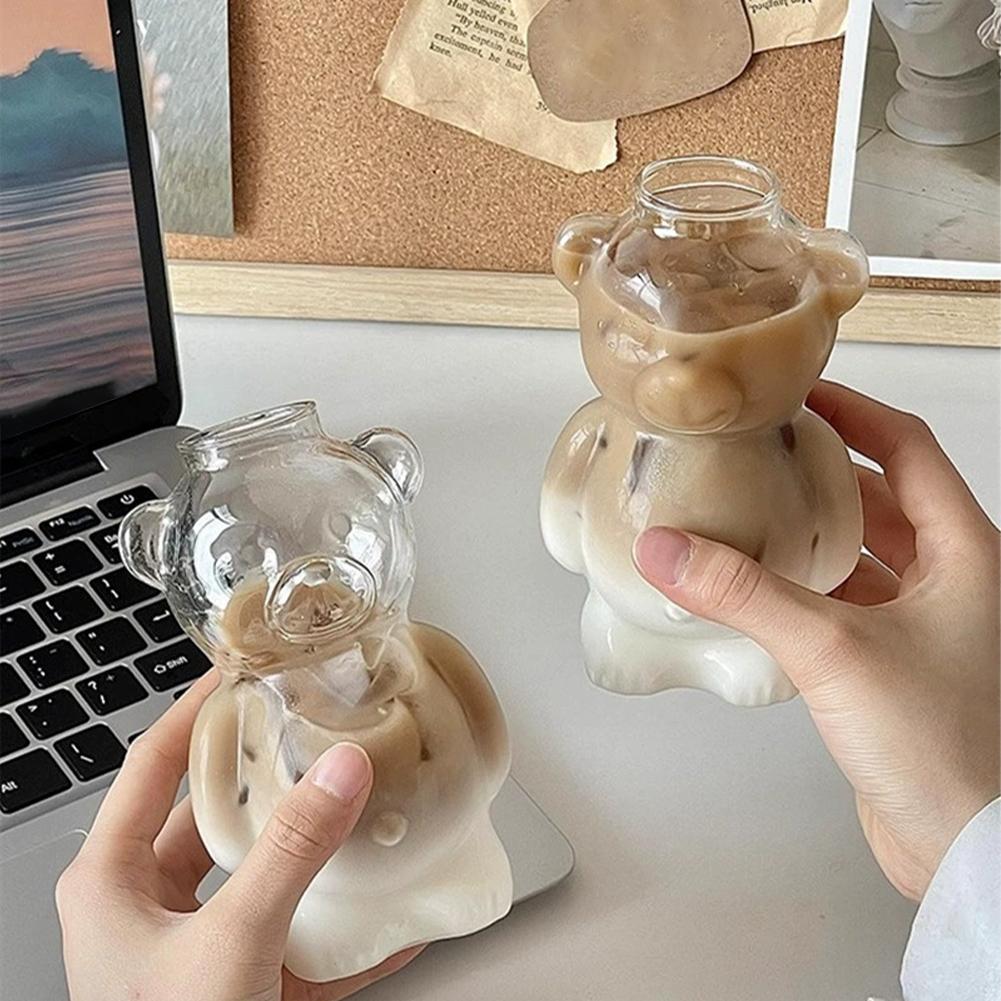 2-Pack 320ml High Borosilicate Glass Bear Shaped Straw Cup Cute Cartoon Beverage Cups for Coffee Juice Milk Tea
