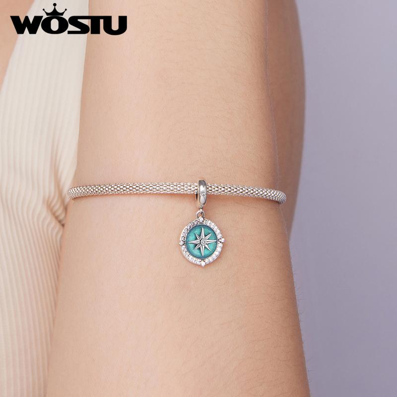 WOSTU 925 Sterling Silver Enamel Compass Pendant Charm For Women
