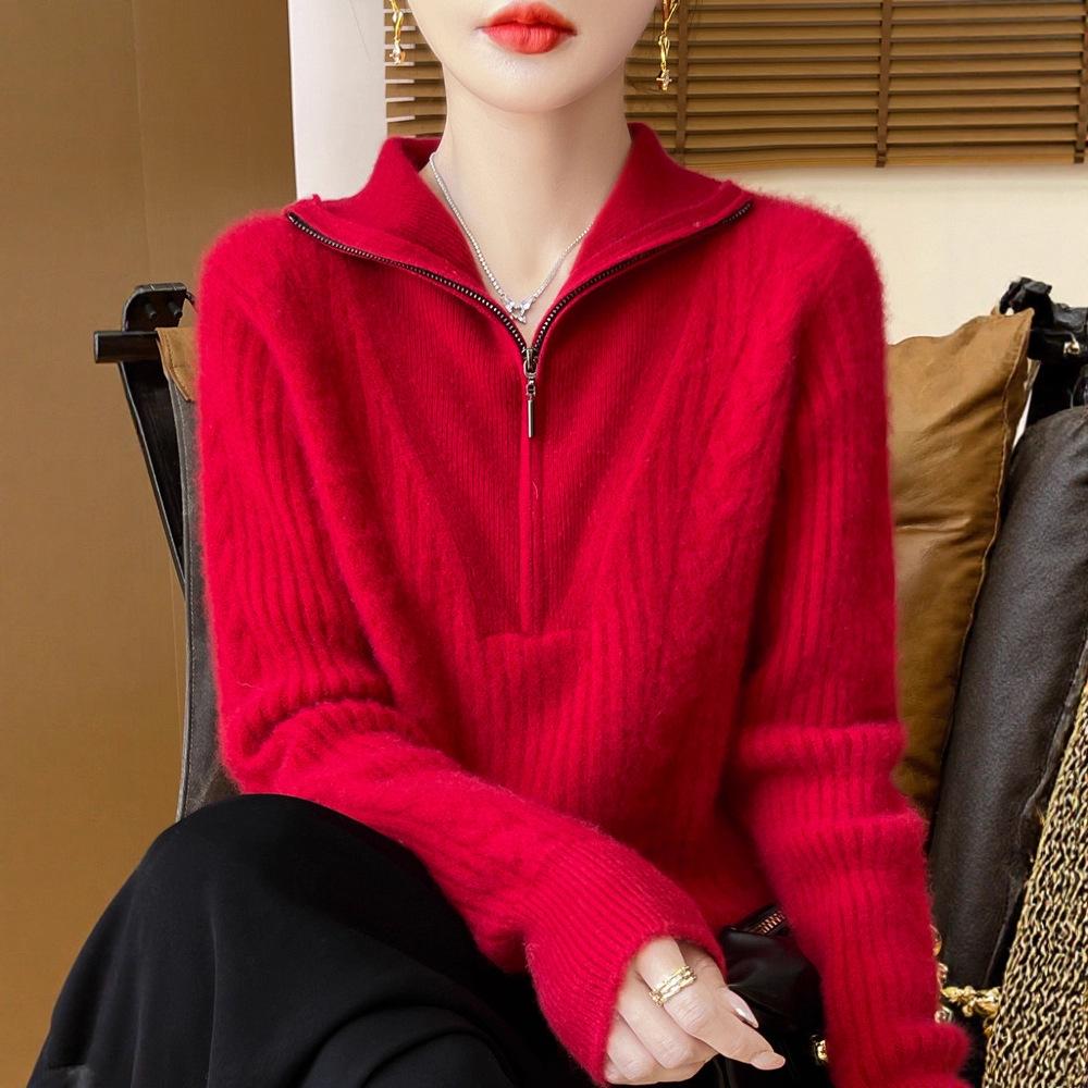 Women's High-Neck 100% Wool Cable Knit Sweater - Thickened Long Sleeve Zipper Pullover for Autumn & Winter