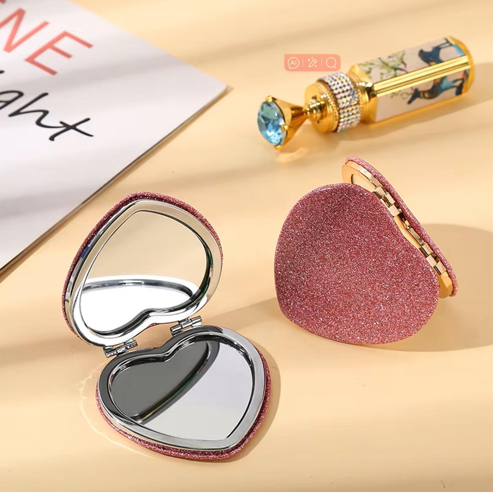 Factory Price New Design Portable Double Sided Heart Shaped Leather Folding Compact Pocket Mirror as show