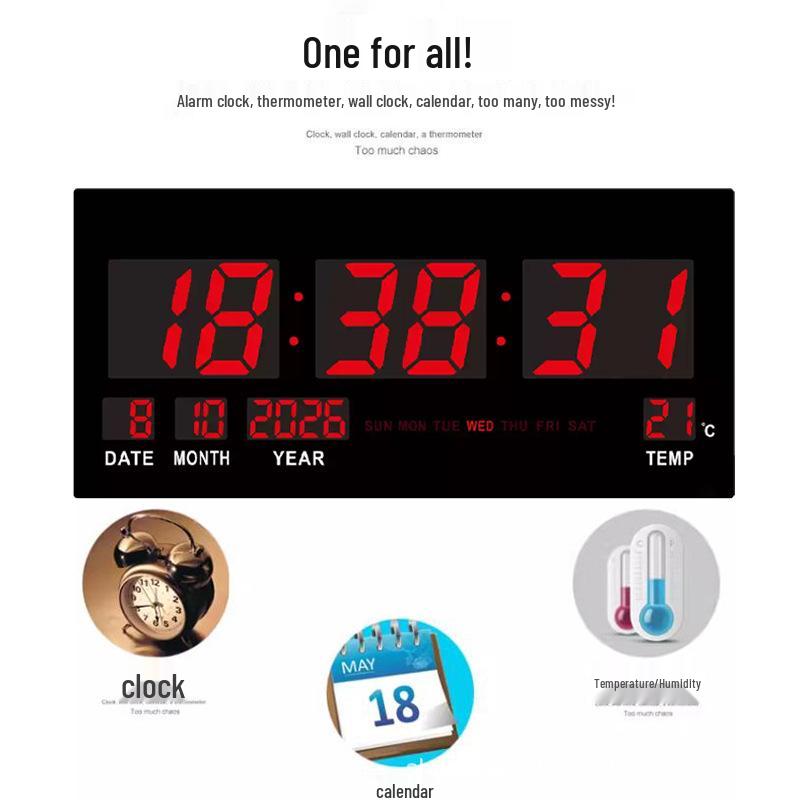 Large LED Digital Wall Clock with Perpetual Calendar - Customizable Colors for Bedroom/Study Room