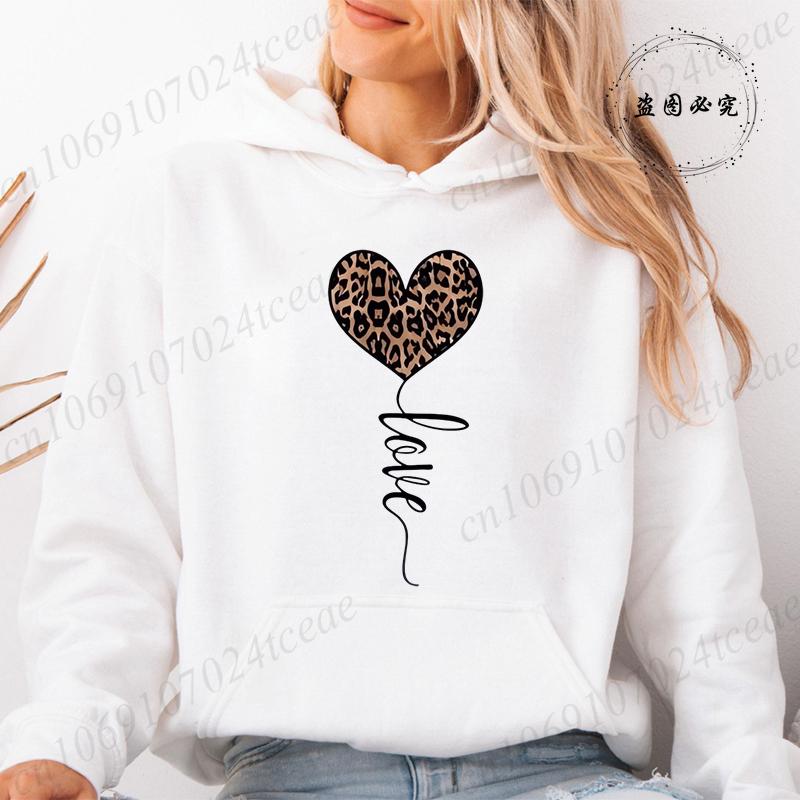 Women Hoodies Tops Funny Heart Leopard Print Hoodie Fashion Clothing Casual Female Sweatshirts Heart Leopard Fashion Streetwear