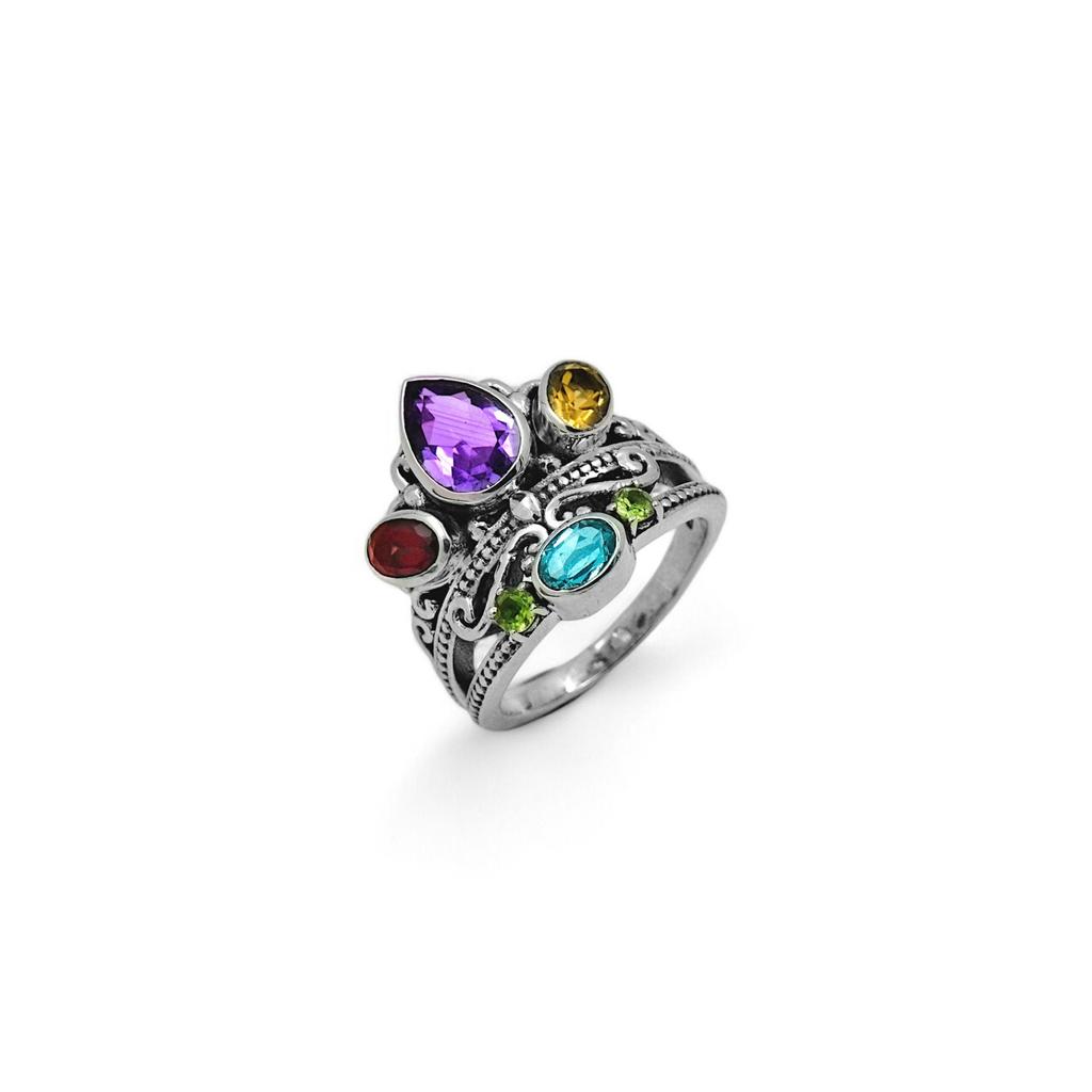 Multi-Gemstone Crown Ring: 925 Sterling Silver