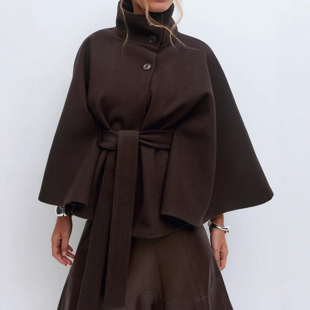 Fashion Women's Lace Up Woolen Cape Coats Loose Stand Collar Batwing Sleeve Button Black Gray Jackets Autumn Streetwear