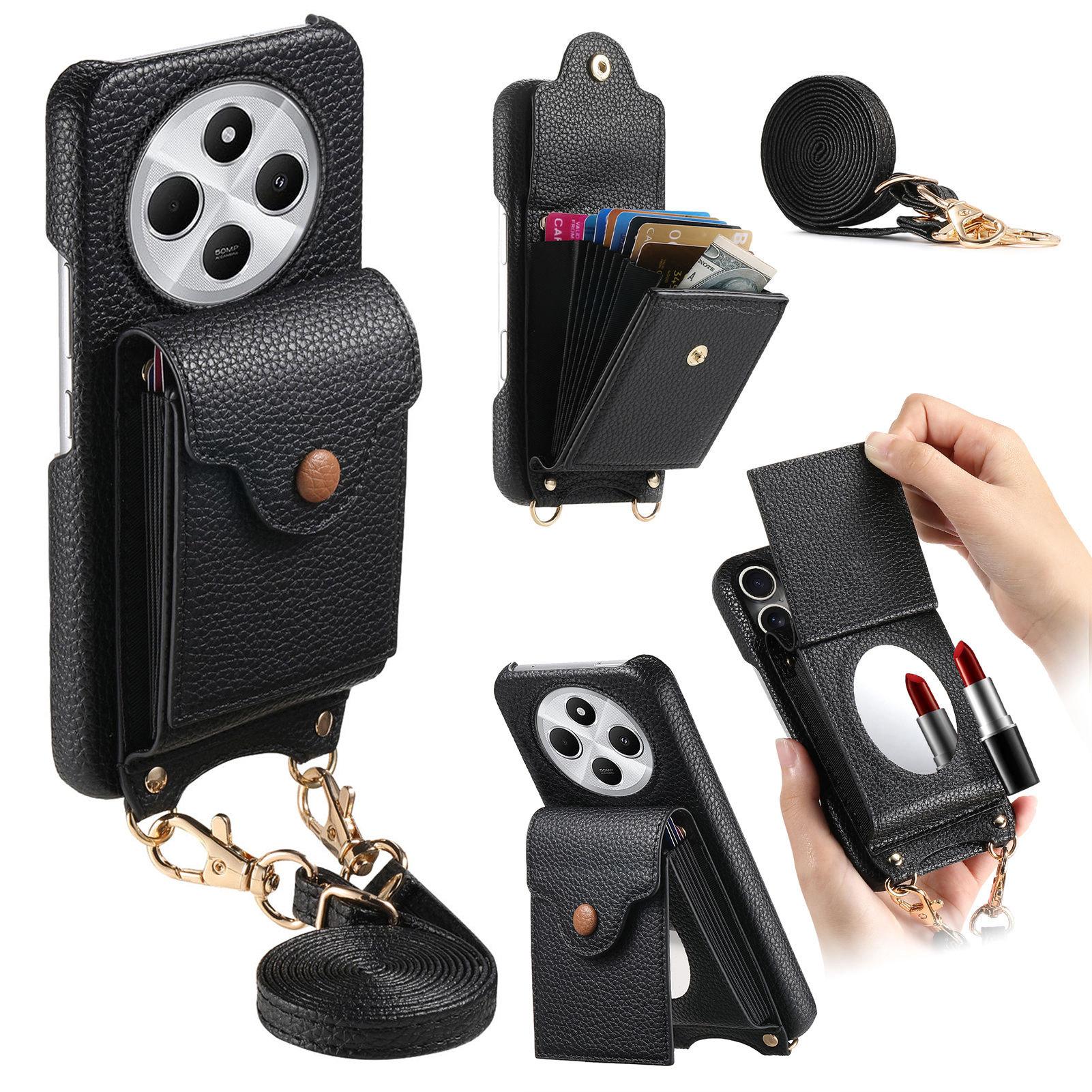 

Чехол для Xiaomi Redmi 14C 4G Зеркальный Держатель для карт Кожаная задняя крышка для телефона с текстурой личи с длинным ремешком Black