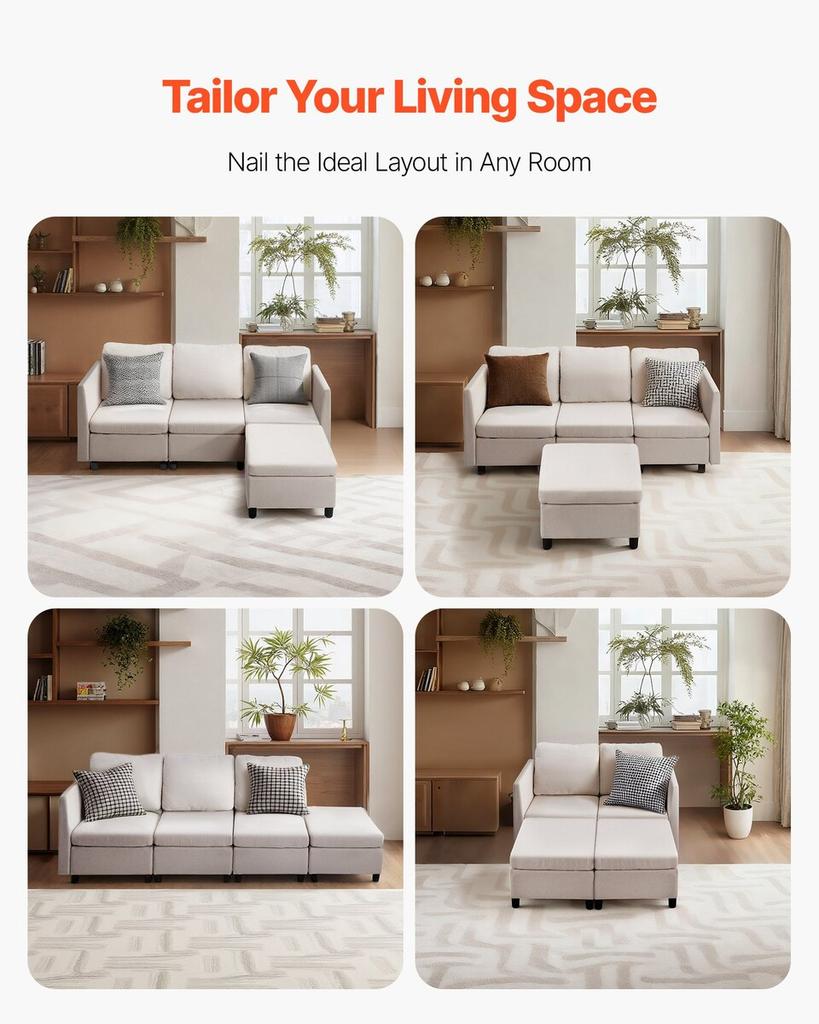 Modular Sectional Sofa, 3-Seater Modular Sofa with Hidden Storage, Cloud Sectional Couch with Ottoman & High Rebound Sponge, Solid Wood Frame
