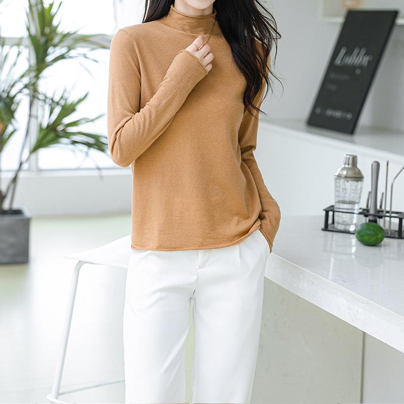 

Machine washable ultra-fine wool sweater women s 00 pure wool crimped pullover bottomed knitted sweater top thin long sleeves L верблюд