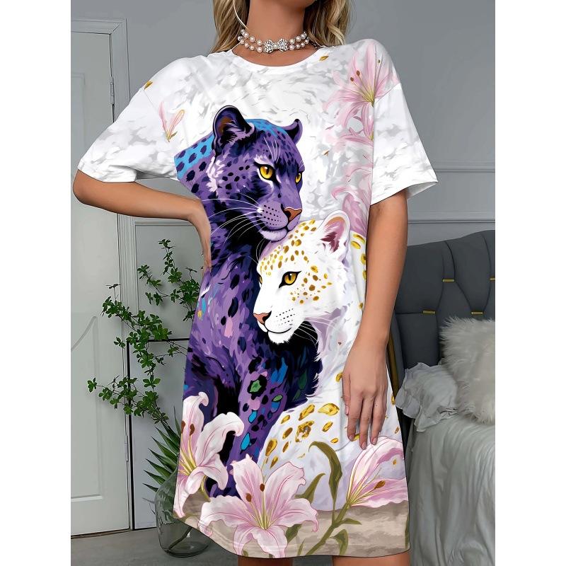 2026 Women s Nightgown Purple Leopard Print Short Sleeved Round Neck Dress L