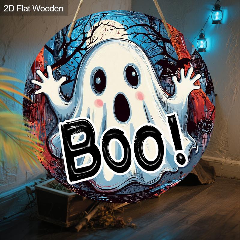Halloween Wooden Sign with BOO Ghost Pattern - Charming Figurine Ornaments - Ideal for Front Door, Wall, Room Decor