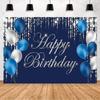 2D Blue Silver Happy Birthday Backdrop Luxury Crystal Design for Adult Birthday Party Banner