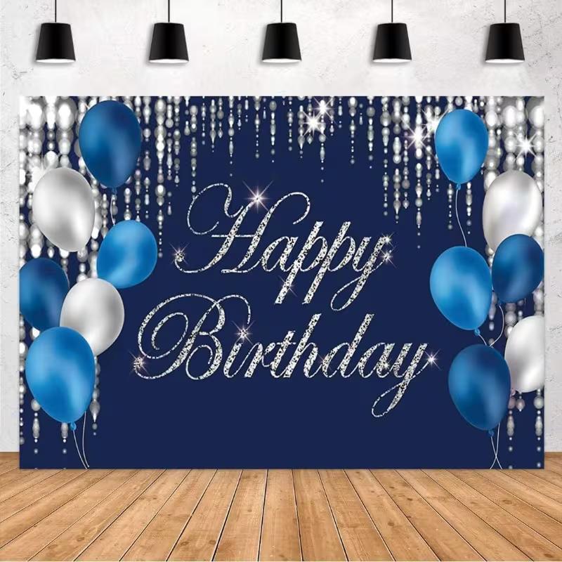 2D Blue Silver Happy Birthday Backdrop Luxury Crystal Design for Adult Birthday Party Banner