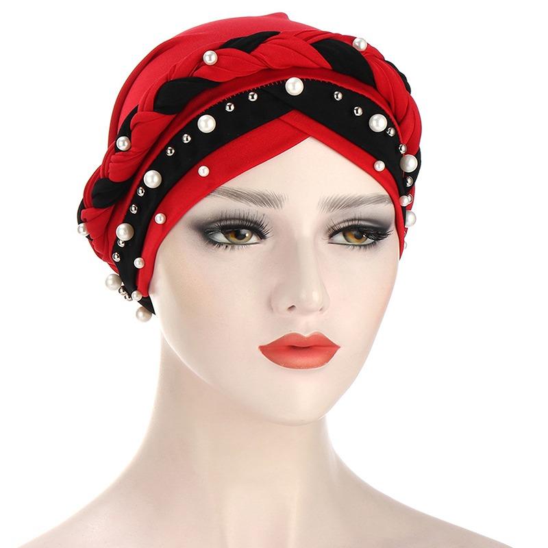 Indian Muslim Women Two Color Hijab Milk Silk Chemical Hat Braided Bead Hijab Islamic Hijab Ladies Bicolor Pearl Baotou Cap