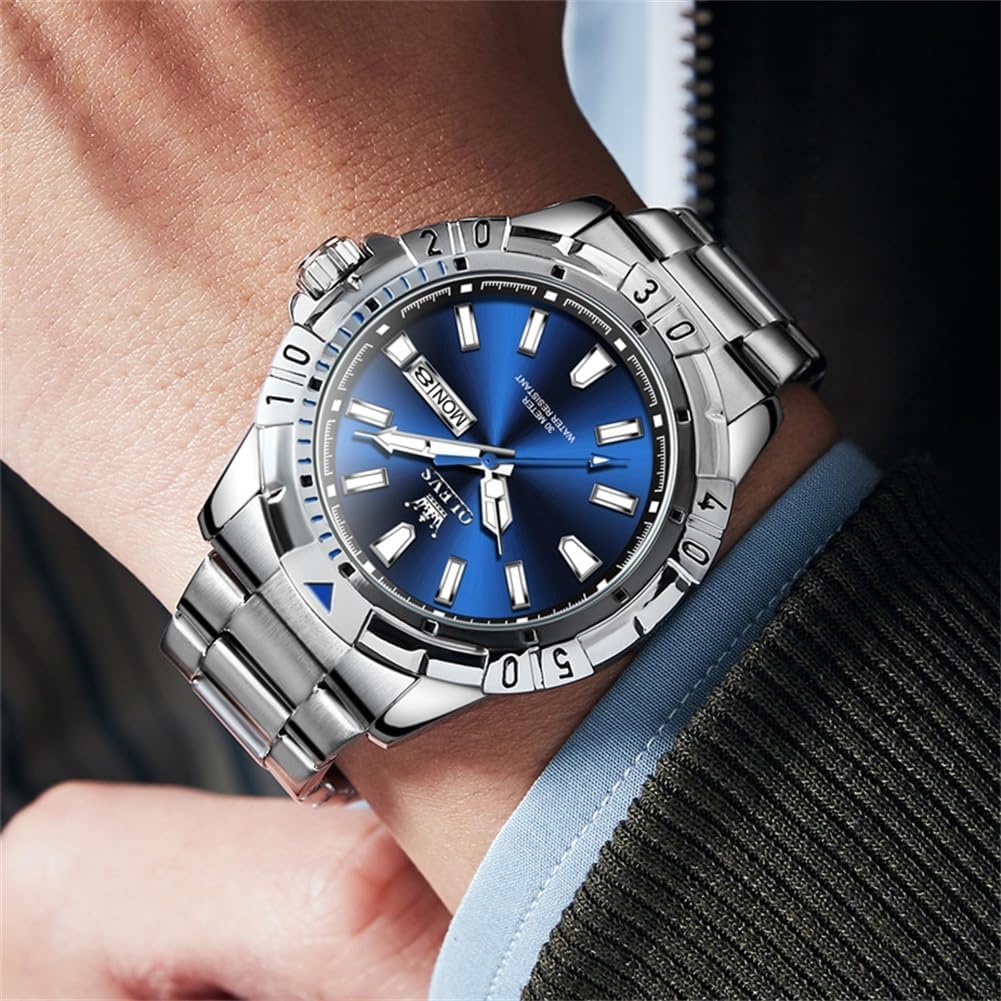 OLEVS Men's Quartz Watch - Multi-Function, Stainless Steel, Water-Resistant, Luminous, Date Display, Analog (Blue)