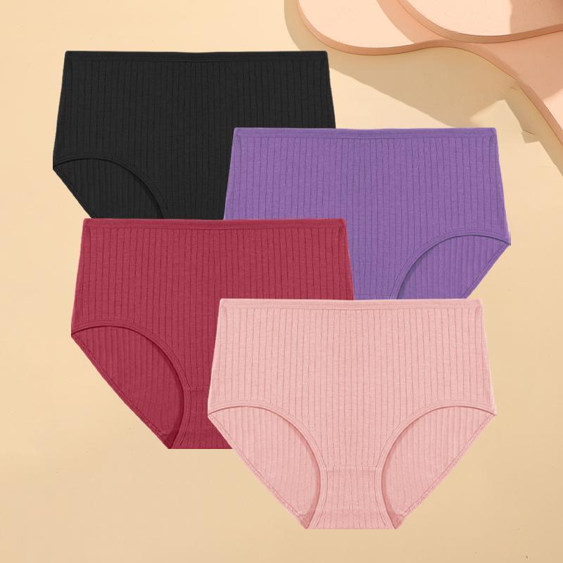 FINETOO 4KS/SET Bavlněné pruhované dámské spodní prádlo Sexy kalhotky s vysokým pasem Jednobarevné měkké slipy Dámské prodyšné strečové spodní prádlo