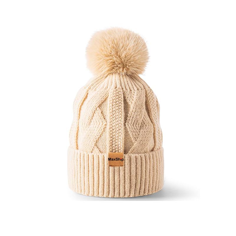 Custom Women s Winter Knitted Beanie Hat Soft and Warm Fleece Trendy Beanie Cap with Pom-pom for Skiing One Size бежевый