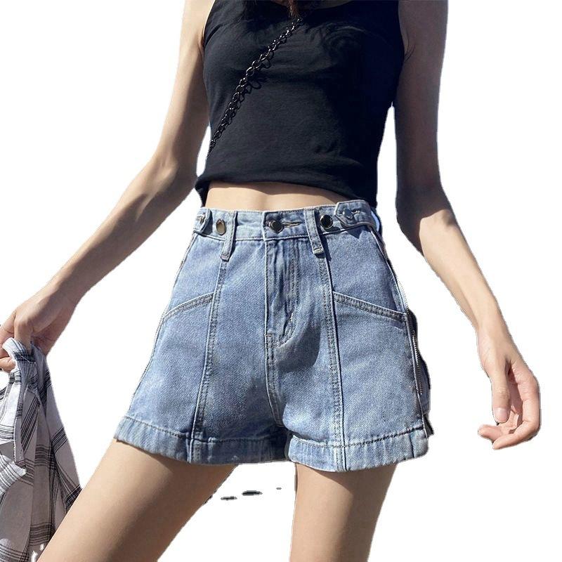 Wowen Klasická a minimalistická móda Všestranné letní Boční zip Dámské Volné Vysoký pas Nápisy Tenké Široké nohavice Áčkového střihu Tenké Džínové šortky Individualita