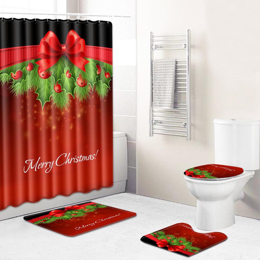 Christmas Shower Curtain Floor Mat Combination Four-Piece Set Bathroom Toilet Carpet Shower Room Mat Foot Mat