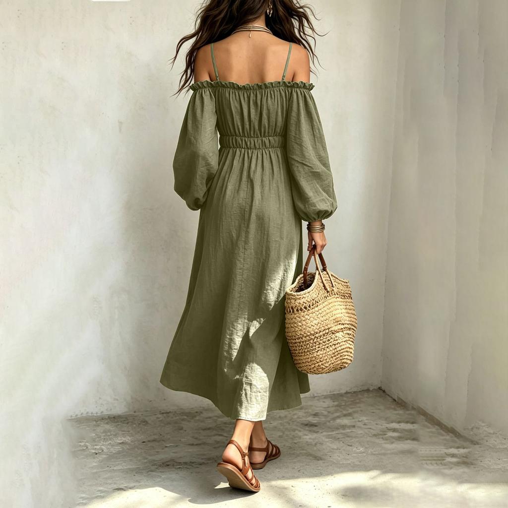 Maxi Abito da Donna in Cotone e Lino Off-Shoulder con Spalline Sottili e Volant Vestibilità Larga per le Vacanze