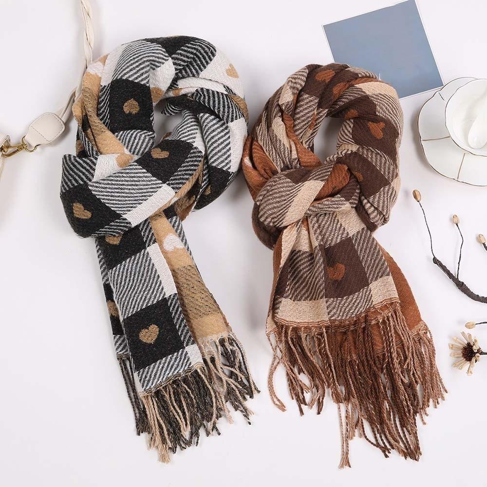 Warmer Plaid Knitted Scarf Long Tassel Shawl Large Heart Thickened Scarf  Winter