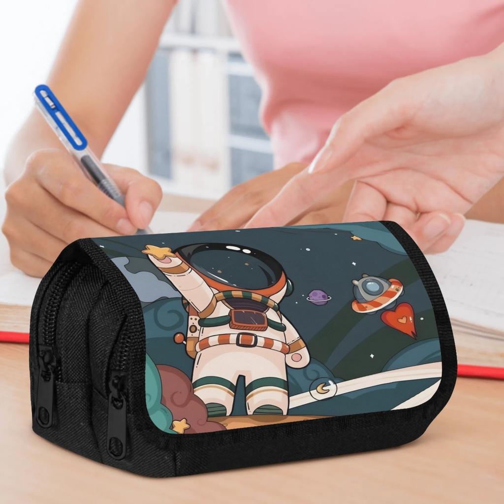Packing Organizers 1pc Double Layer Flip Pencil Case - Astronauts To, Large Capacity, Portable Polyester Pen Storage Bag with Zipper Closure, Ideal fo