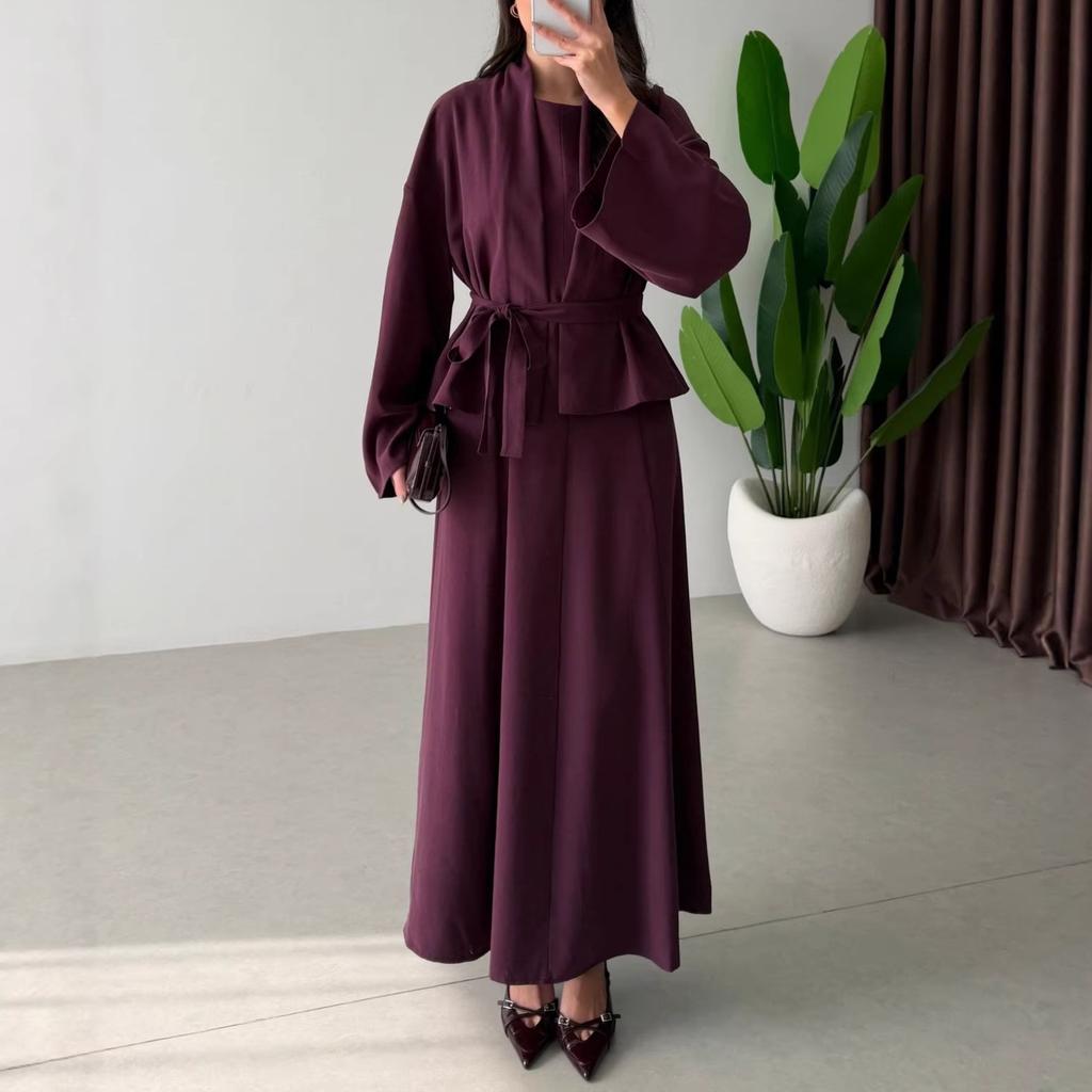 26 Europe, America, Amazon Cross-border Women's Clothing New Old Money Wind Lace-up Waist Cardigan and Dress Two-piece Set