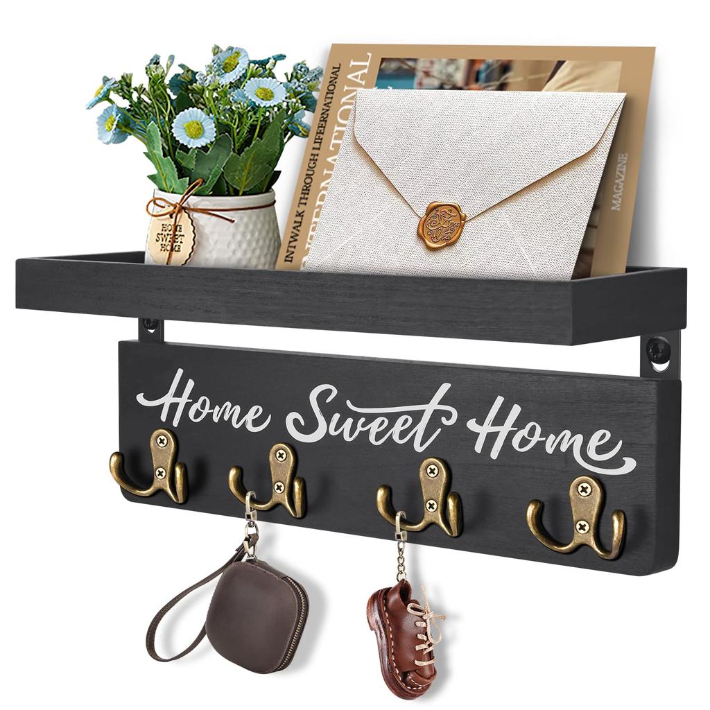 Wooden Key Holder for Wall with Shelf Home Entryway Decorative Key Hanger for Wall with 4 Double Key Hooks and Mail Organizer