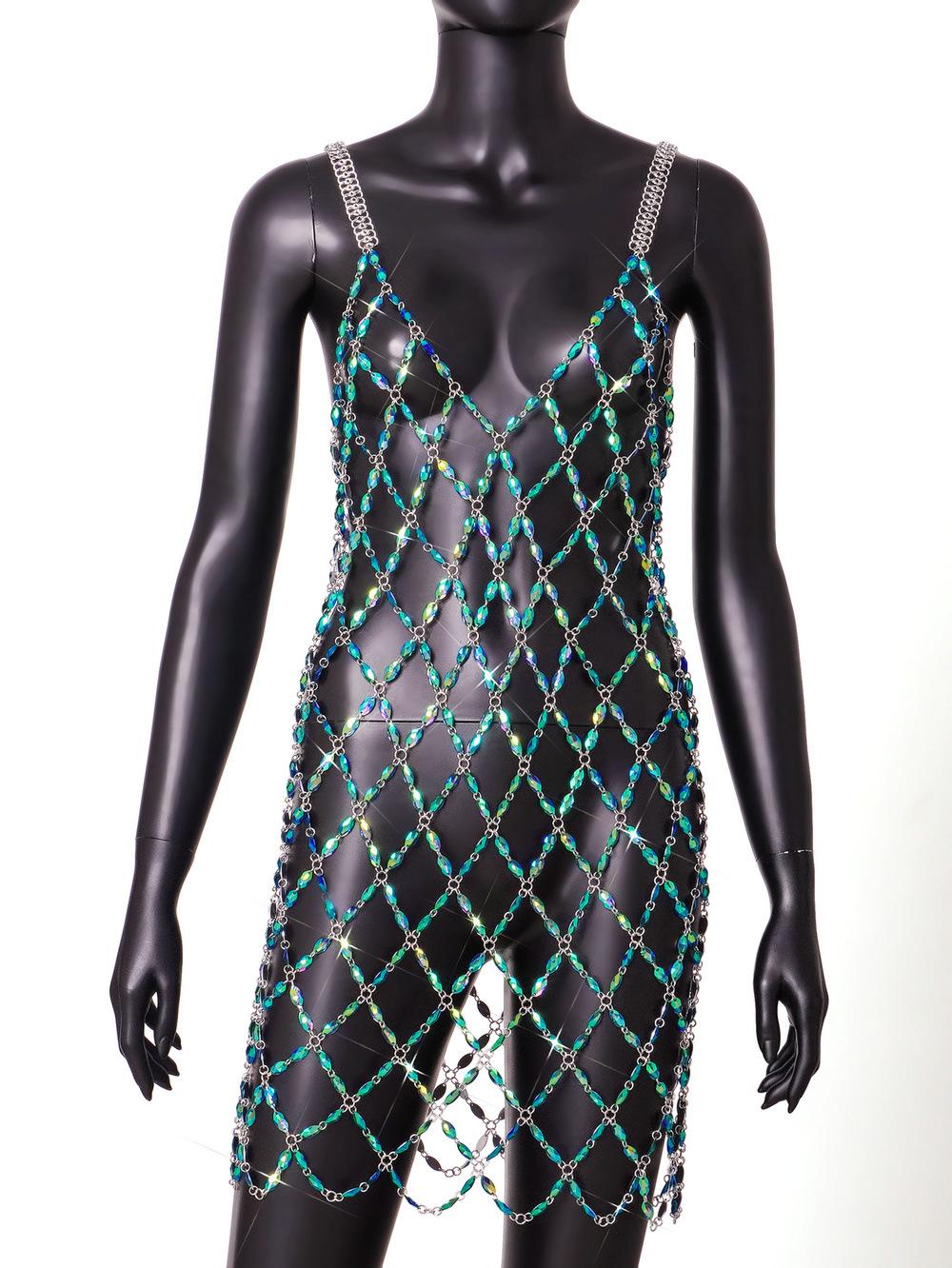 

Пляжный отдых Сексуальный отпуск Сшитое вручную полое металлическое платье с цепочкой для тела One Size