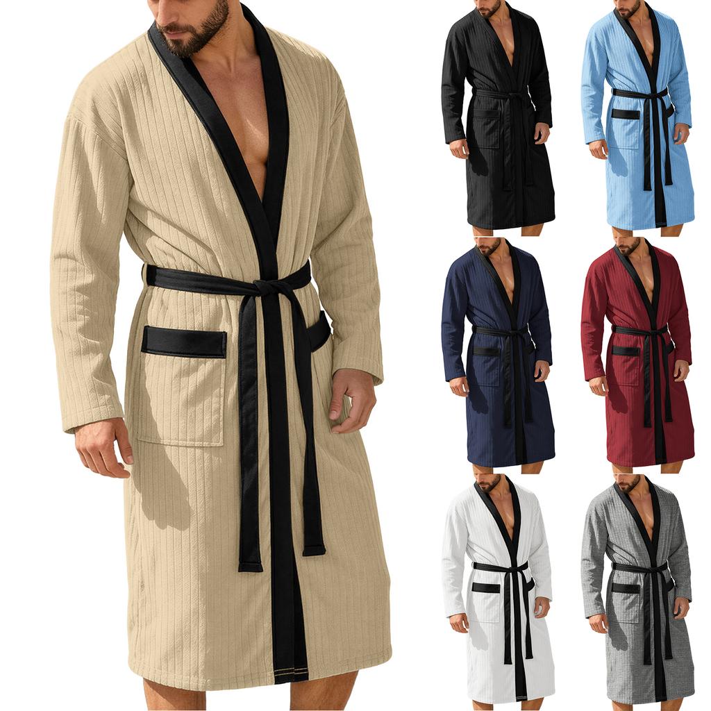 Bata Kimono de Manga Larga para Hombre con Ribete Tejido Suave y Ligero Bata de Baño con Cinturón y Bolsillos para Spa en Casa