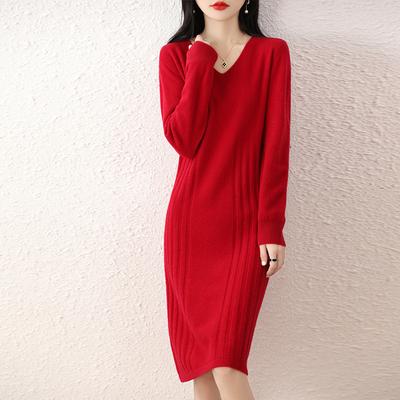 Pure Wool Strip V-neck Mid-length Dress for Women In Autumn and Winter New Fashionable and Versatile Age-reducing Slimming Over-knee Skirt