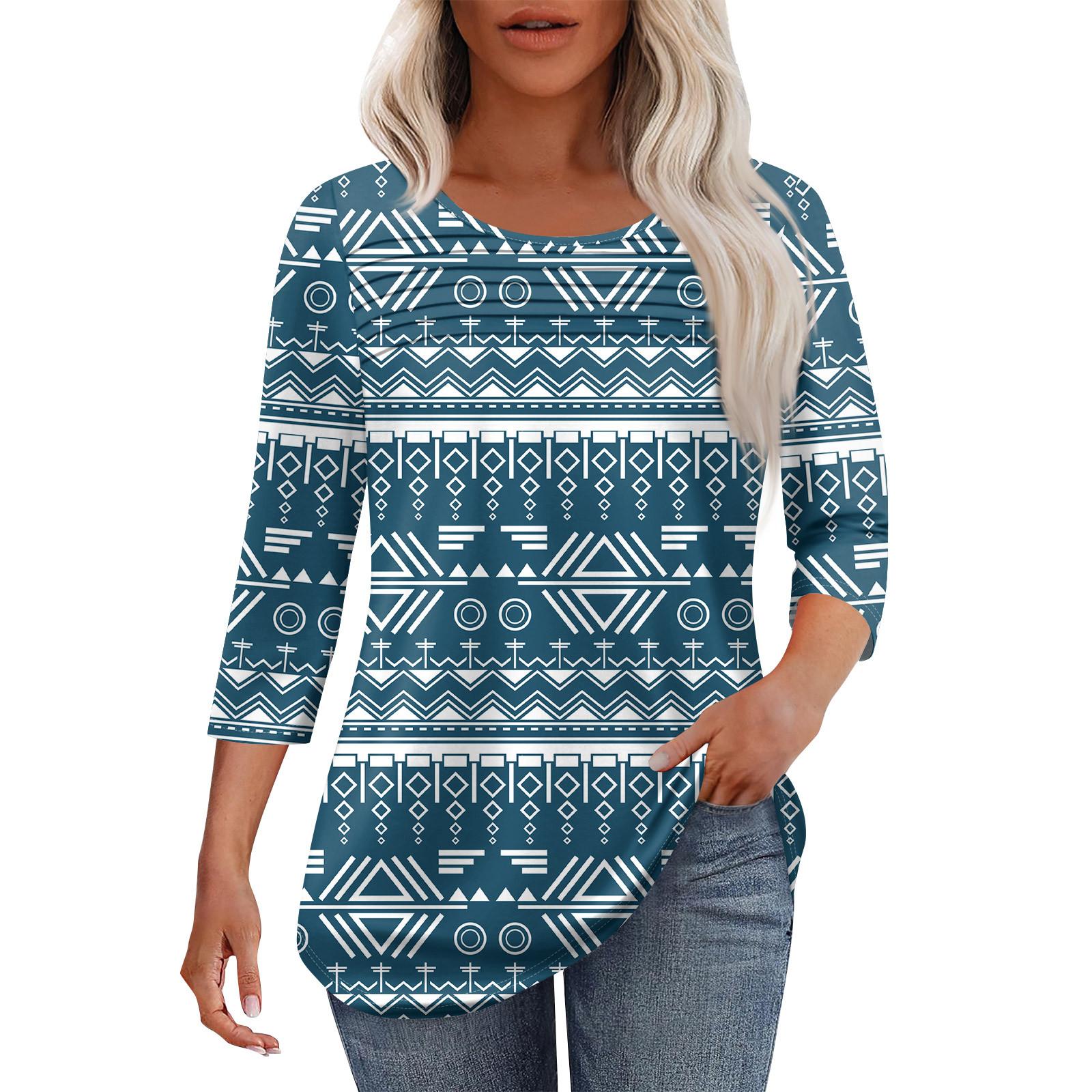 

Женская мода круглый вырез шея плиссированная передняя планка с принтом рукав 3/4 топ XL