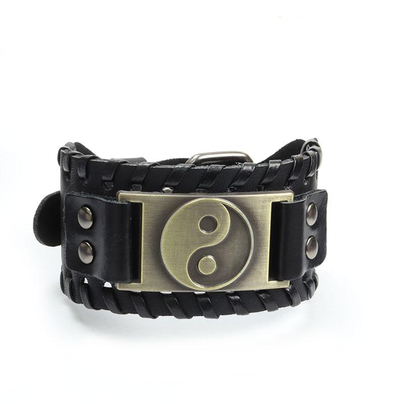 

Trendy Wide Leather Taiji Yinyang Bracelet Viking Style Mens Bangle Jewelry Gift for Men бронзовий