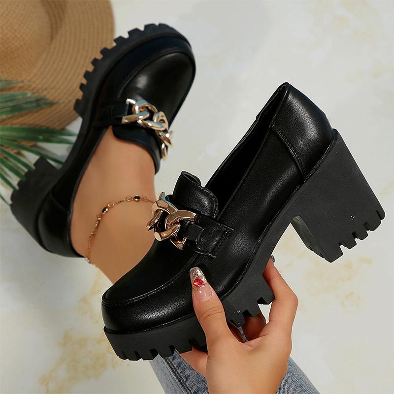 Fashion Chain High Heels Woman Loafers Shoes Leather Chunky Fashion Dress Walking Shoes Women 2024 Trend Pumps Elegant Zapatillas Female