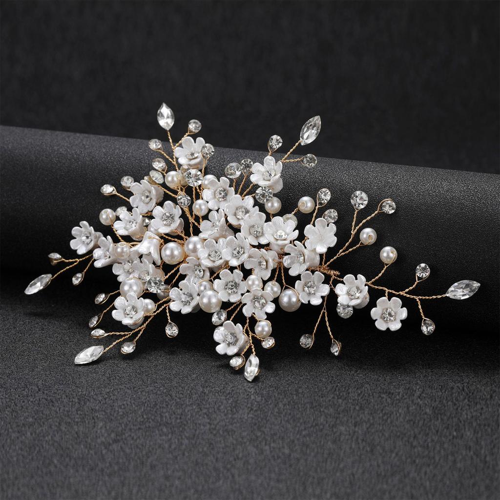 Crushed Hair Clip Barrettes Faux Pearls White Flower Hair Weaving Jewelry for Gown Dress Hairstyle Making Tools