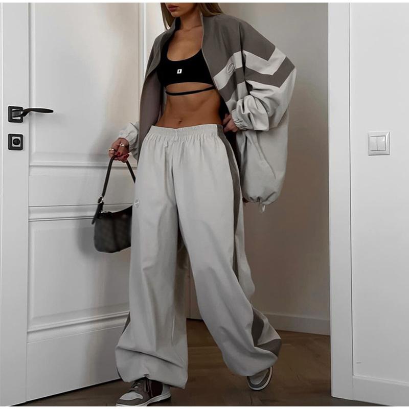 Zestaw dwuczęściowy Jumper na wiosnę i jesień Damska kurtka z długim rękawem i zamkiem błyskawicznym + Spodnie sportowe w stylu hip-hop z naszywkami Luźny damski strój