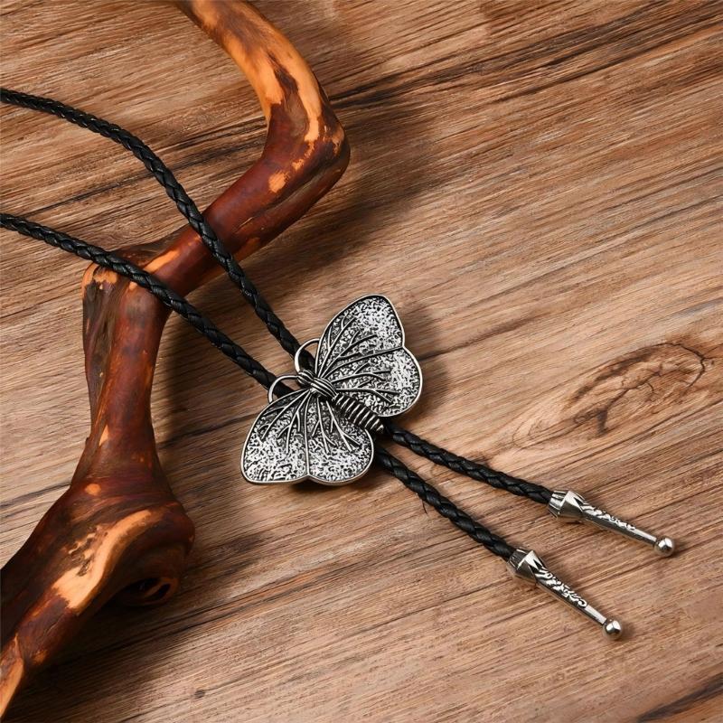 Bolo Tie Cowboy Costume Accessory for Men and Women Adjustable Length Vintage Metal Butterfly Pendant Necktie Necklace