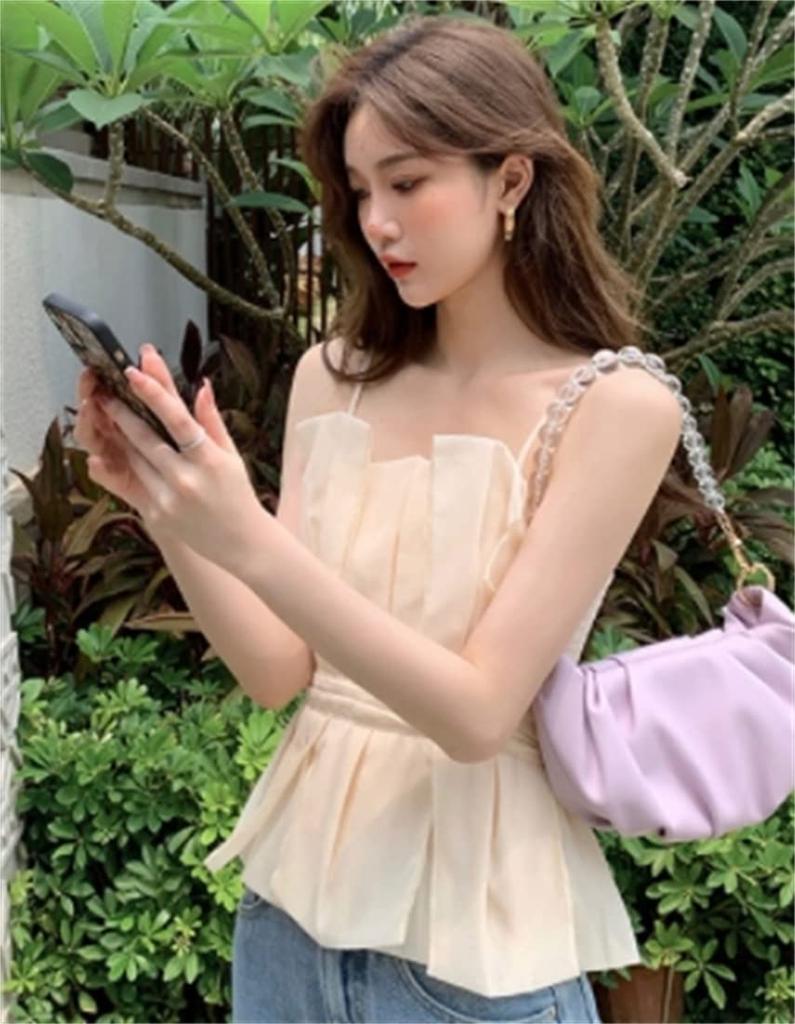 YUANYUAN Ruffled Summer Tucked Mini Perfect for Summer Size Women's Camisole, Camisole, Top, Underwear, Top, High-Waisted, Slimming, Retro, Stylish,